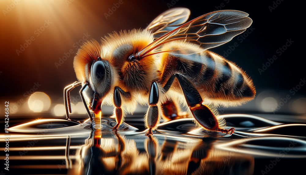 A beautiful close-up view of a honeybee. Wallpaper. Cover design. - obrazy, fototapety, plakaty 