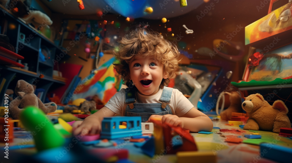 Adorable Boy Engaging in Playful in a Vibrant Playroom, Surrounded by an Assortment of Colorful Toys, Fostering Creativity and Imaginative Play. Adorable Boy Engaging in Playful in a Vibrant Playroom, Surrounded by an Assortment of Colorful Toys, Fostering Creativity and Imaginative Play.
