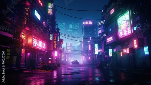 A dark and rainy street in a cyberpunk city with neon lights and Chinese characters