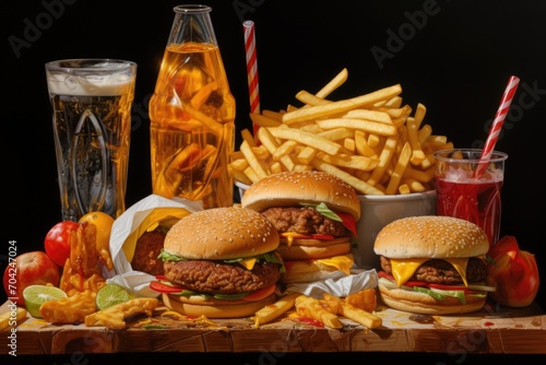 Fast food. Hamburgers, cheeseburgers, soda, French fries.
