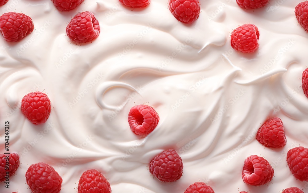 Top View of Fresh Raspberries with Yogurt or Cream. Close-up shot. Top View of Fresh Raspberries with Yogurt or Cream. Close-up shot.
