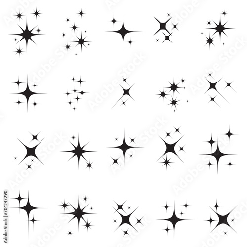Set of star sparkling and twinkling cartoon. Black glittering star light particles. Vector illustration. Isolated on white background. Sparkles, stars and bursts icons, twinkling stars.