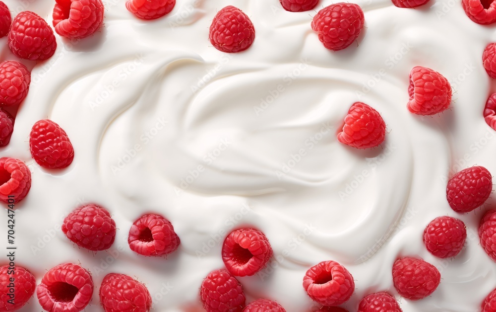 Top View of Fresh Raspberries with Yogurt or Cream. Close-up shot. Top View of Fresh Raspberries with Yogurt or Cream. Close-up shot.