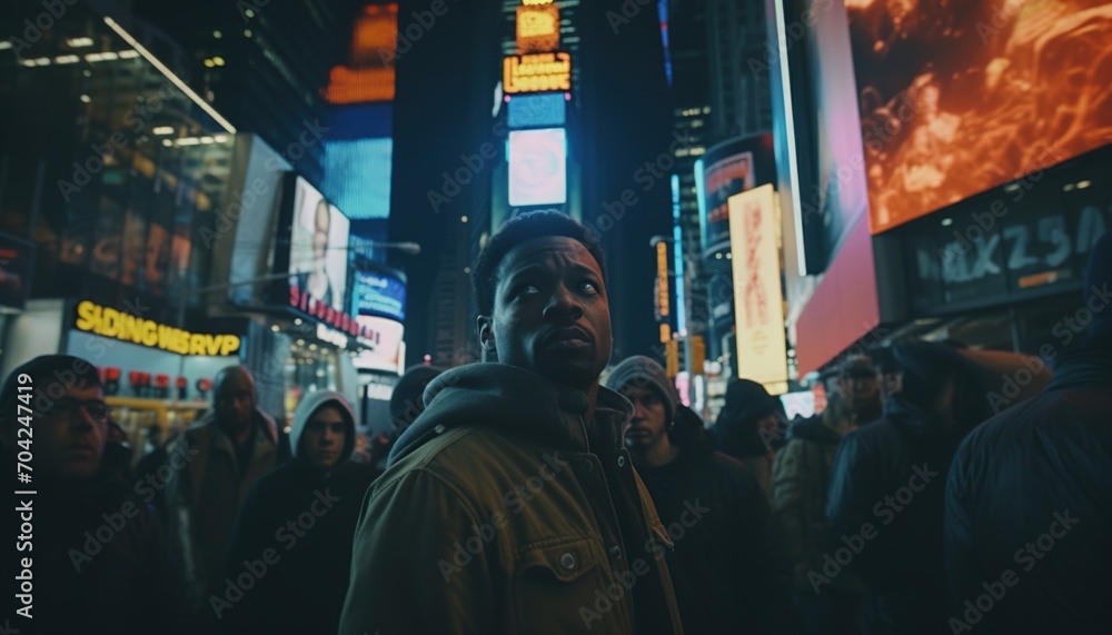 A young man looking up at the bright lights of Time Square in New York City