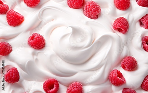 Top View of Fresh Raspberries with Yogurt or Cream. Close-up shot.