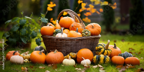 Autumn composition a basket with bright pumpkins on a checkered plaid against the background of.