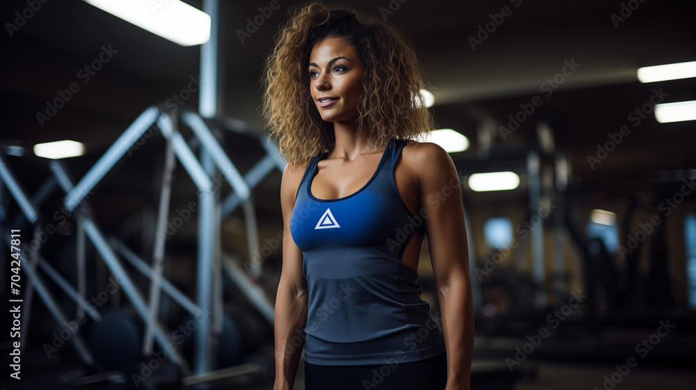 Black woman posing during a photo session in a fitness gym.