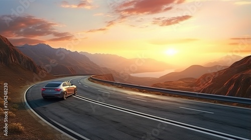 Car driving through a mountain pass at sunset photo