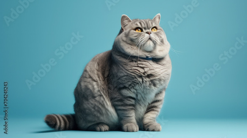 Fat British cat sits on blue background, puts its paw funny and looks ahead with big yellow eyes. Obesity in cats, overweight in animals. © PaulShlykov