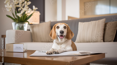 Cute beagle puppy inside a living room. Leaning on a coffee table.