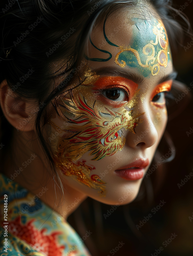 portrait of an asian woman with creative dragon makeup