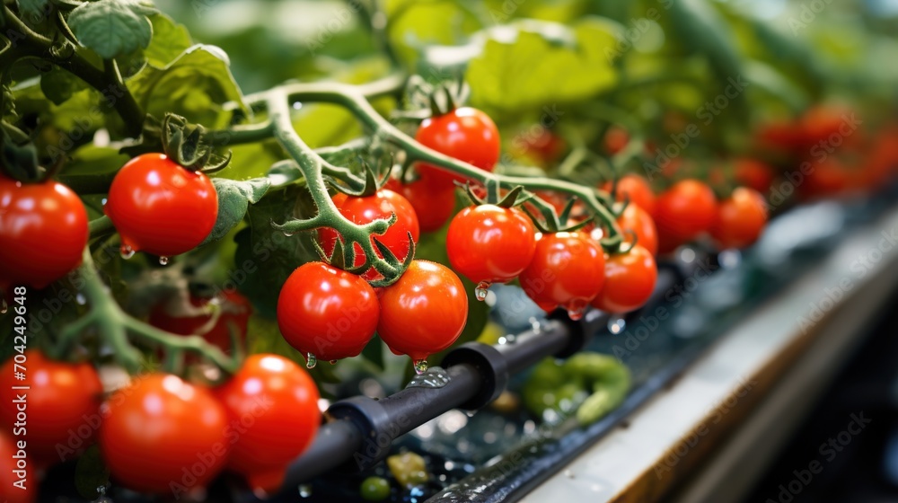 Hydroponic tomatoes growing in a greenhouse