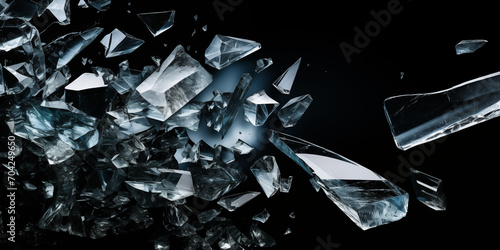 Abstract Artwork of Glass Shards Floating in a Dark Abyss Glass shards isolated on black background. Broken transparent glass shards on a black background to overlay on.AI Generative 