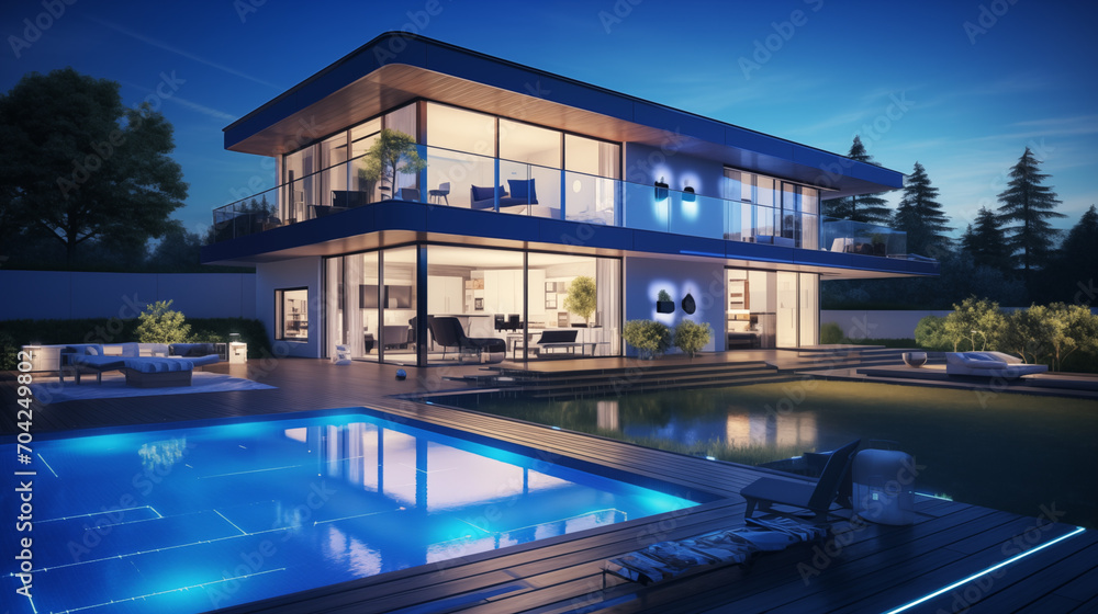 Obraz premium Luxury resort style house with a pool in the backyard.