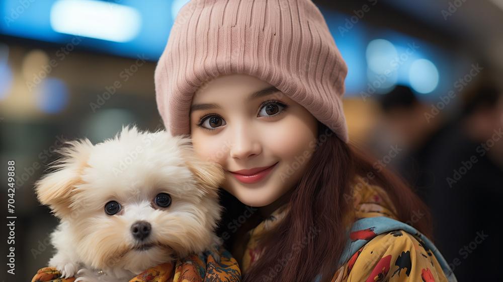 girl with a dog, Young lady at the airport or train station carrying a suitcase Content Bichon Frise puppy wearing a party hat decorated with glitter girl with a dog, Young lady at the airport or train station carrying a suitcase Content Bichon Frise puppy wearing a party hat decorated with glitter