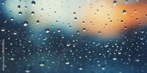 Shiny raindrops splashes falling cascading down wet glossy foggy glass window car outdoor during raindrops on the window close-up shallow depth of field.AI Generative