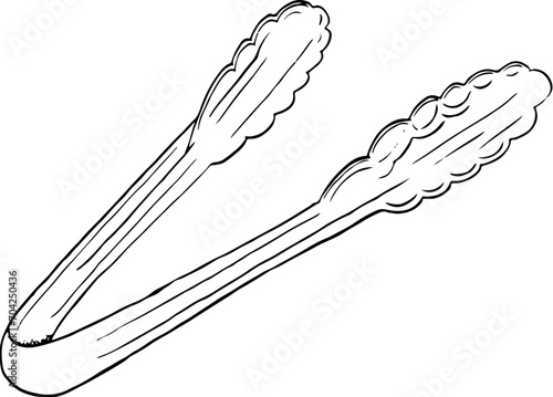 Simple vector steel tongs for ice, grilled meat, cake, pastry and bartending line illustration. Buffet serving tongs for cooking and kitchen photo