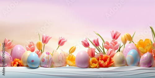 easter eggs and tulips Alstroemeria flowers isolated on white