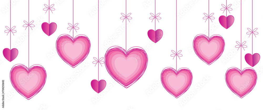 Hanging pink Hearts. Valentines day, womens day, mothers day background. Vector eps