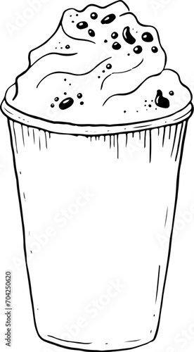 Vector milkshake with whipped cream and chocolate chips black and white ink illustration. Cold summer drink in plastic cup, delicious dessert