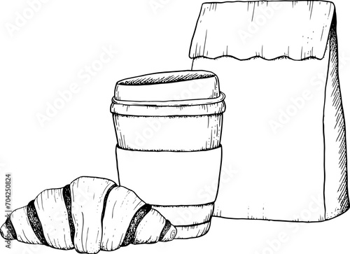 Vector disposable coffee cup, chocolate croissant and paper craft bag black and white graphic illustration for breakfast and coffee break designs, cafe, restaurant food menus