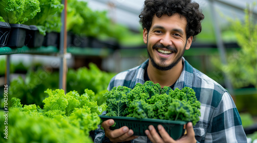 Happy Asian indian man holding container of harvested curly kale looking at camera smiling in front of vegetable plants in greenhouse Hydroponic Vertical Farm Eco system