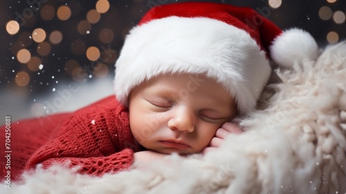 Close-up portrait of a cute sleeping newborn baby in modern red santa hat lies on a plaid on Christmas background with bokeh. Studio professional photo shoot. New Year, family concepts.