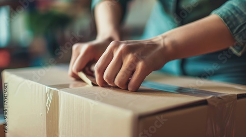 Close up of hands packing a cardboard box in the home office, Online Shopping and delivery concept