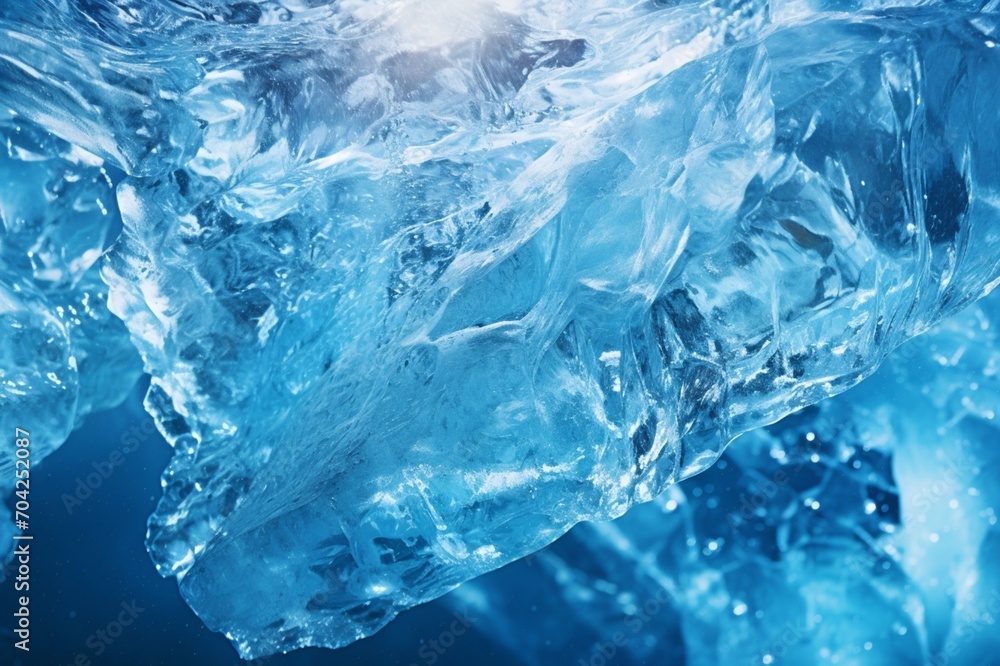 : A dramatic close-up of a melting glacier, with crystal-clear water flowing from the icy blue depths, symbolizing the impact of climate change.