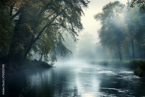  A foggy morning on a tranquil river  where mist rises gently above the water  creating an ethereal and dreamlike atmosphere.