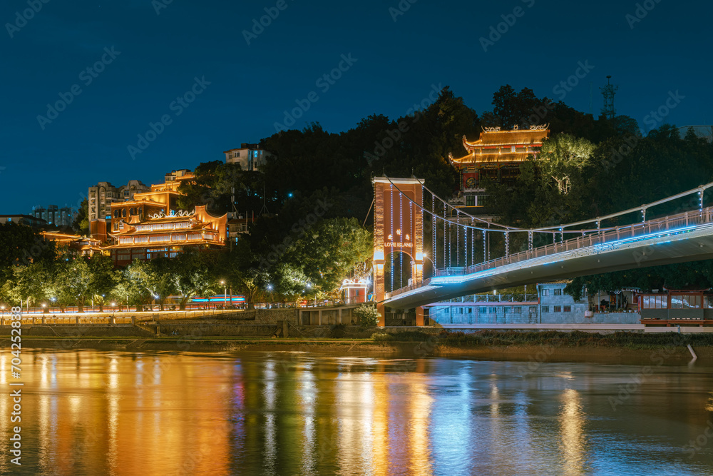 Beautiful Lover's Bridge at Night, Fuzhou City, Fujian Province, China