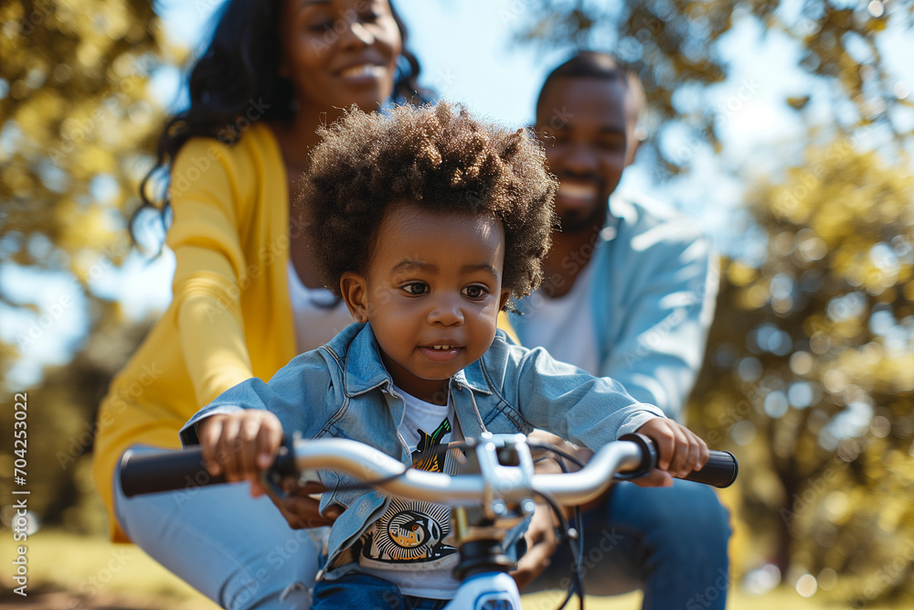 Obraz premium A joyful family is outdoors on a sunny day, with parents guiding their young child riding a bike in the park.