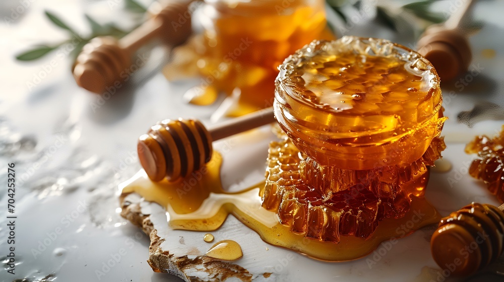 Fresh honeycombs with drizzler on the table, closeup Fresh honeycombs with drizzler on the table, closeup