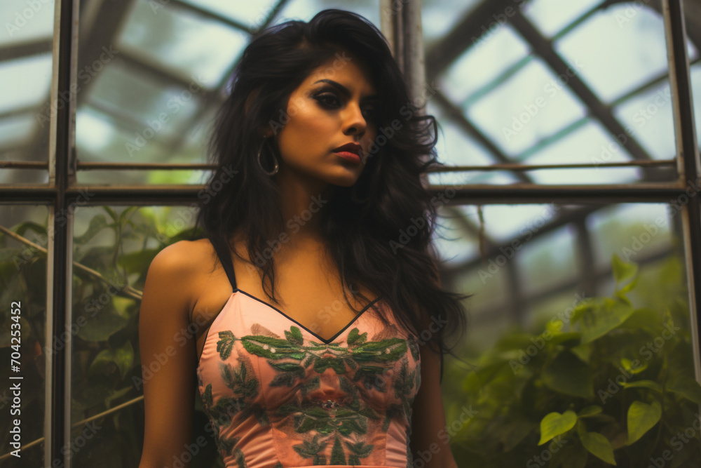 Beauty, fashion and make-up concept. Young beautiful woman portrait in orangery. Sexy and seductive looking model in old conservatory looking at camera with seductive look. Greenery in background Beauty, fashion and make-up concept. Young beautiful woman portrait in orangery. Sexy and seductive looking model in old conservatory looking at camera with seductive look. Greenery in background