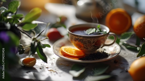 A cup of tea with tea leaves and oranges on a wooden table
