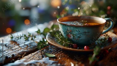 A cup of tea on a wooden table with a bokeh background