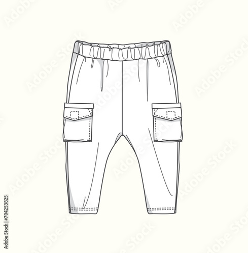 Infants, Kids pants with pocket on both side, cargo pants for kids flat sketch illustration.