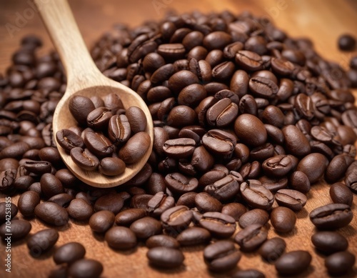 Coffee beans in a wooden spoon  on a wooden table. Close-up. AI generated. 