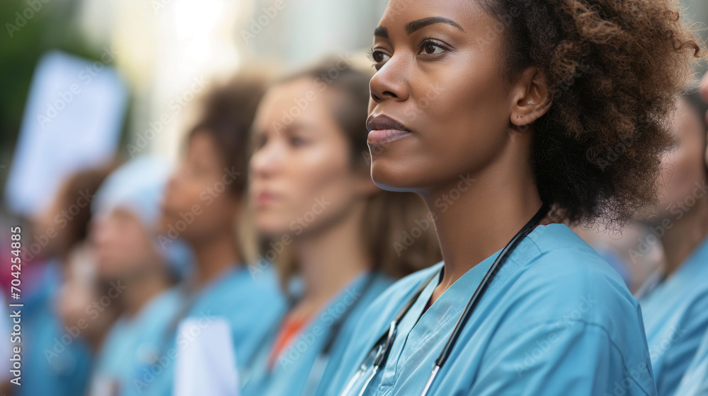 Group of unhappy nurses outside. Group of unhappy nurses outside.