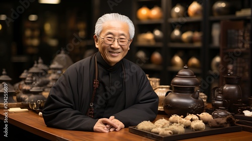 Portrait of a smiling elderly Asian man in a traditional Chinese robe
