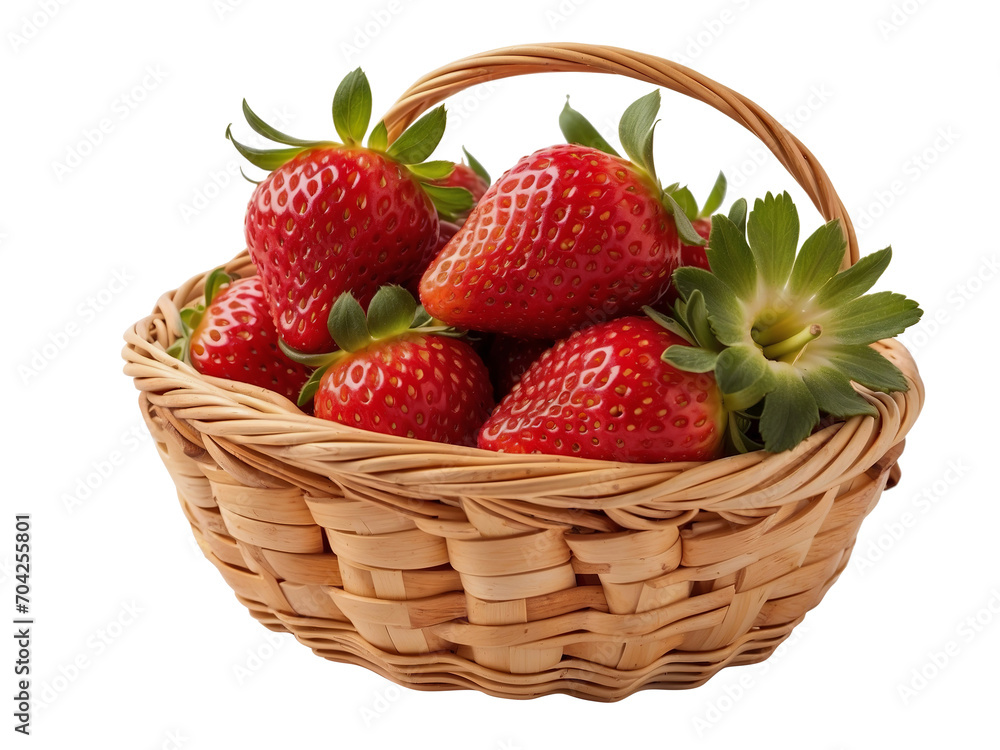 Wicker basket with tasty red strawberries on isolate transparent background Wicker basket with tasty red strawberries on isolate transparent background