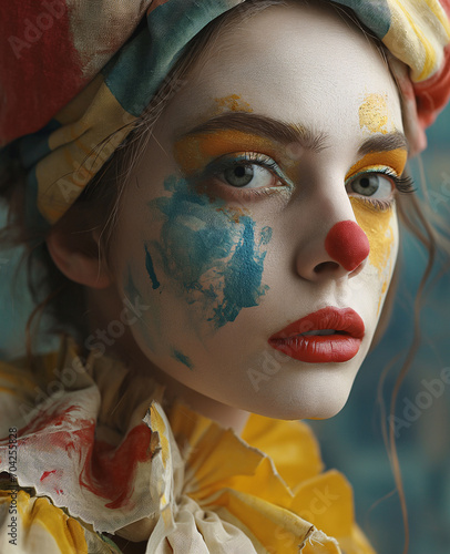 A bold and playful woman embraces her inner clown, with a vibrant and meticulously painted face adorned with bold lipstick, eye shadow, and other fashion accessories, exuding confidence and individual