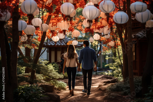 a couple walks trough a flower garden with pink lanterns hanging valentine concept