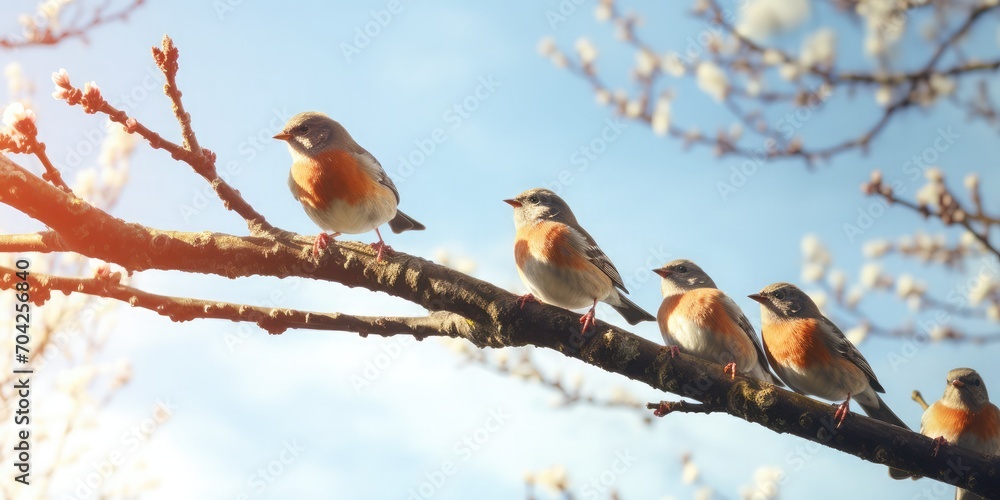 A flock of five birds were hopping on the branch, Low angle view, panning, knitted style, 64K, HDR A flock of five birds were hopping on the branch, Low angle view, panning, knitted style, 64K, HDR