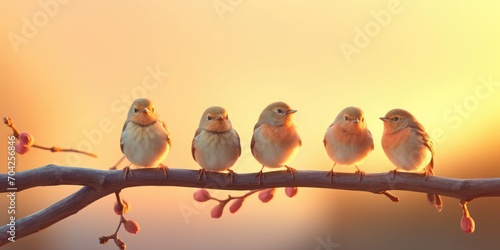 A flock of five birds were singing happily on the branch, High and short depth of field, stick figure, 8K, high resolution