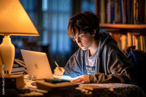 A young student focused on studying late at night at home, surrounded by books and using a laptop.