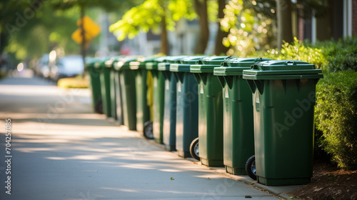 Row of green waste garbage containers on side of the street in a residential neighborhood. 