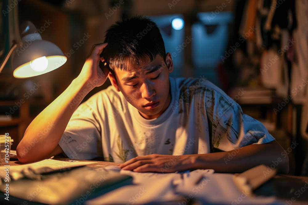 Young Asian student studying late at night, looking tired and stressed with textbooks and papers on the desk. Young Asian student studying late at night, looking tired and stressed with textbooks and papers on the desk.