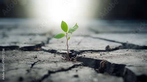 A seedling growing from a cracked concrete, Shot with Sony A7r, cinematic,  photo