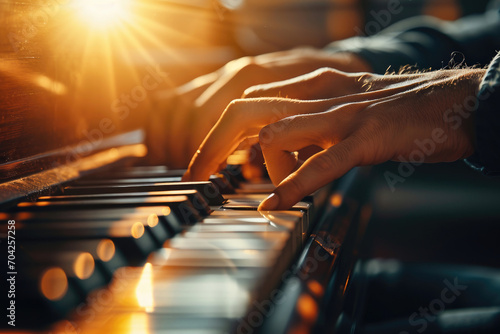 A musician's hands gracefully playing a piano keyboard during a warm, sunlit evening, evoking a feeling of passion and musicality. photo